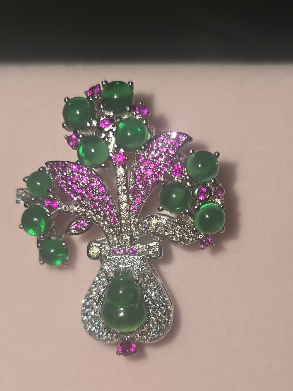 NWOT 100% Natural Grade A Jadeite Flower Vase Brooch Pin Silver Plated CZ Accent